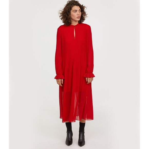 H&M Bright Red Pleated Chiffon Maxi Dress Long Sleeved Ruffled Modest Size 6 - Picture 1 of 12